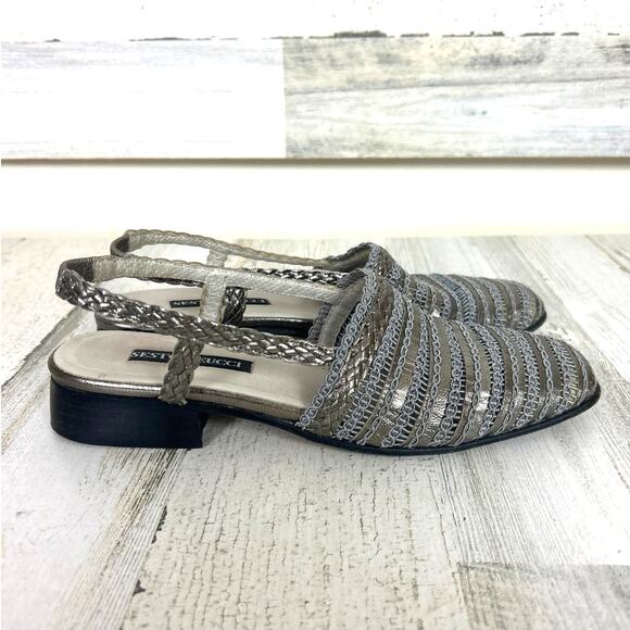 Sesto Meucci Woven womens 7 Narrow Square Toe Leather shoe Silver Italy VINTAGE - Picture 3 of 7